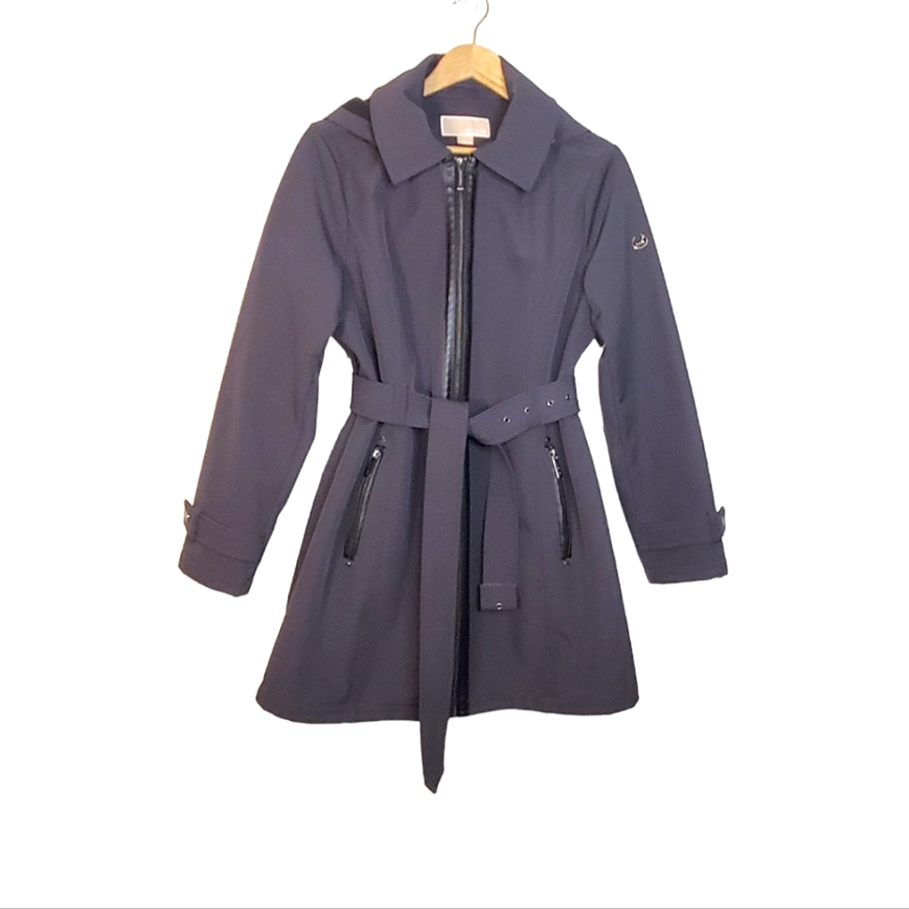 Michael Kors Smokey Gray Zip-Up Belted Jacket with Removable Hood